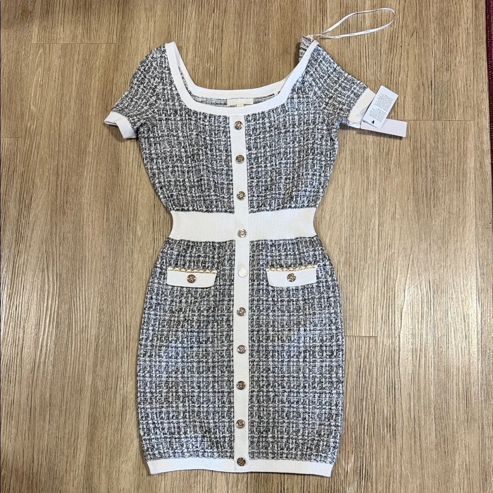 New Guess White-Trim Grey Tweed Knit Dress with Gold Buttons size XS - Picture 1 of 5